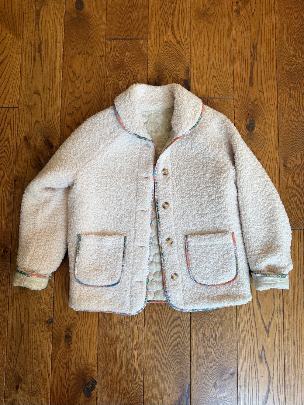 Anthropologie Cream Sherpa Jacket with Multicolor Paisley Trim, Size Small